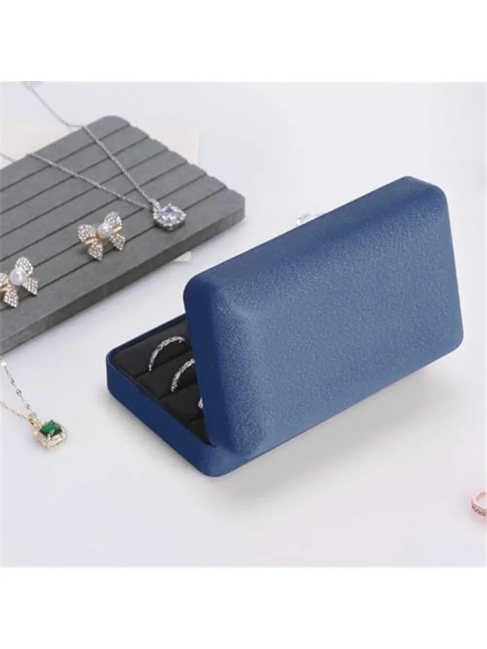 Blue Velvet Ring Box 3 Slot Travel Jewelry Case Portable Ring Organizer Gift